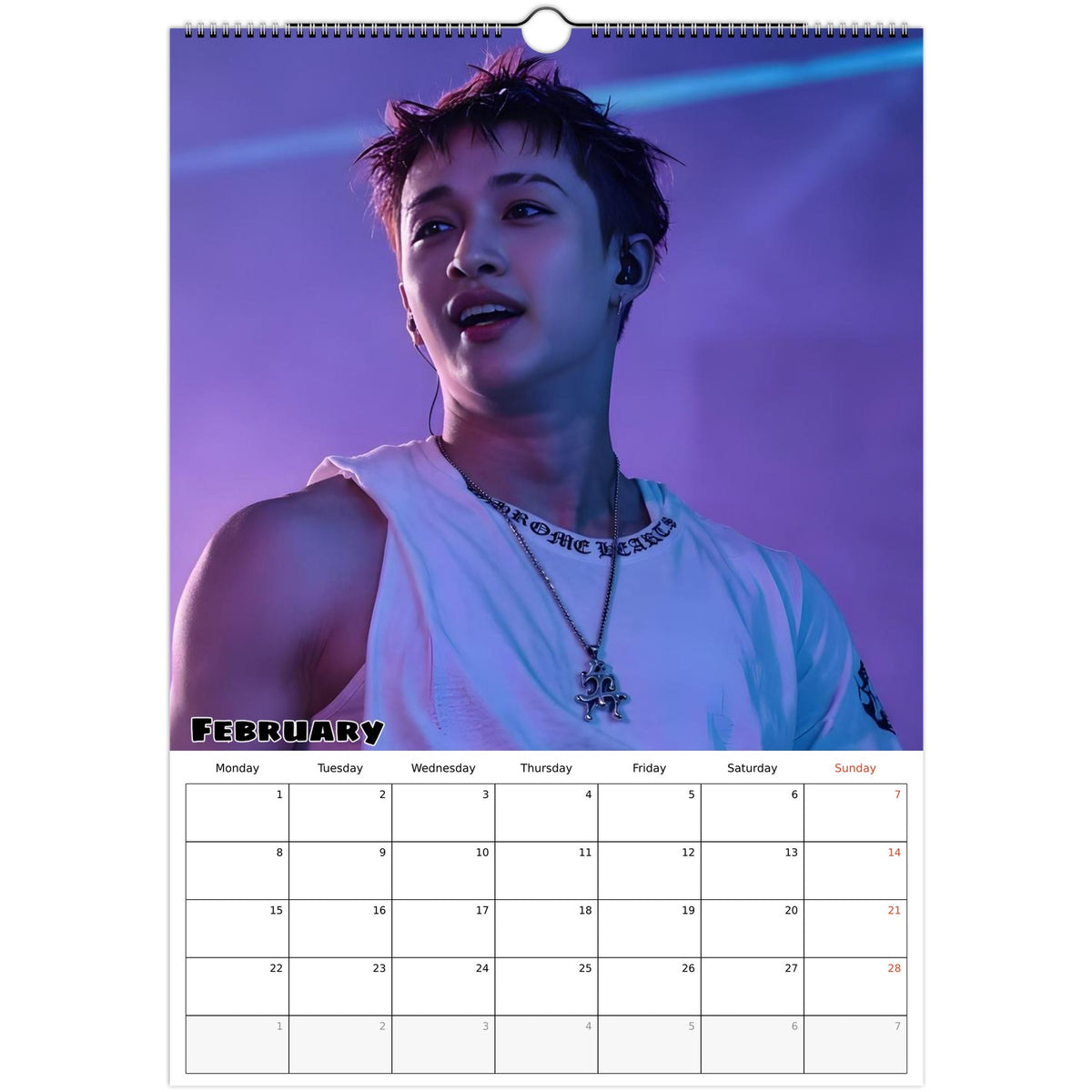 February page of Stray Kids Bang Chan 2027 A3 wall calendar