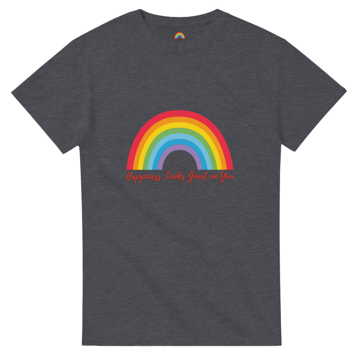 Rainbow positivity tee featuring Happiness Looks Good on You message