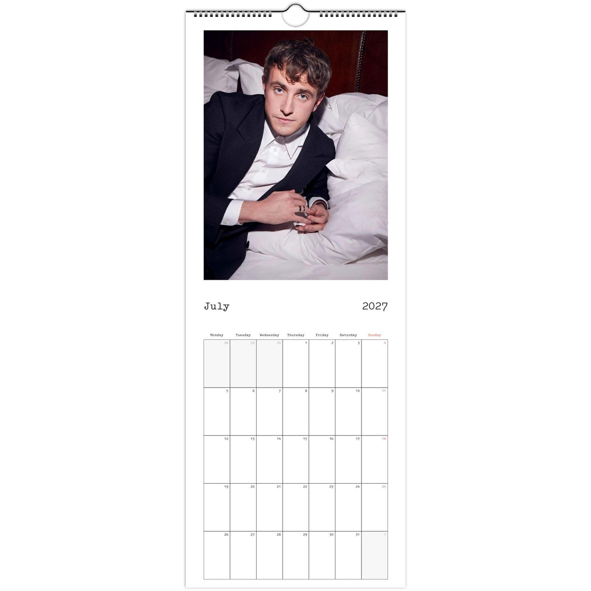 July 2027 page in Paul Mescal slim wall calendar