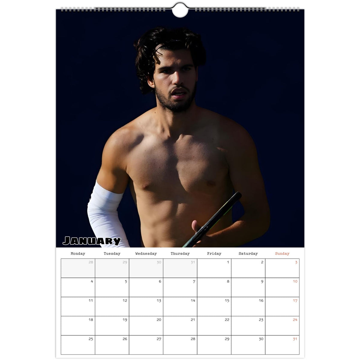 January 2027 page in Carlos Alcaraz A3 wall calendar