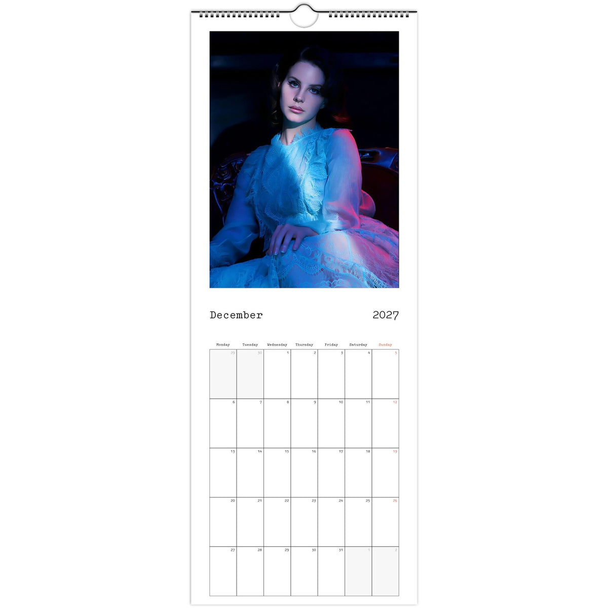 December 2027 page in Lana Del Rey slim wall calendar