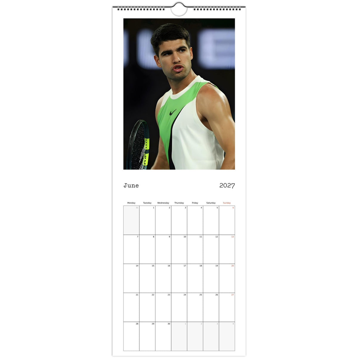 June 2027 page in Carlos Alcaraz slim wall calendar