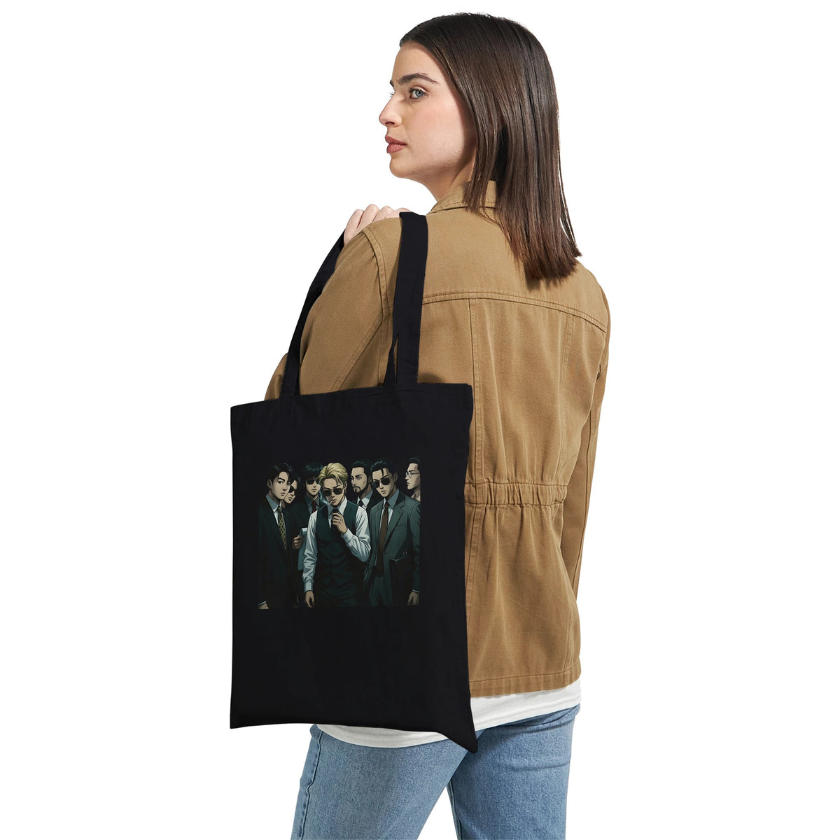 Black BTS tote bag with bold front artwork