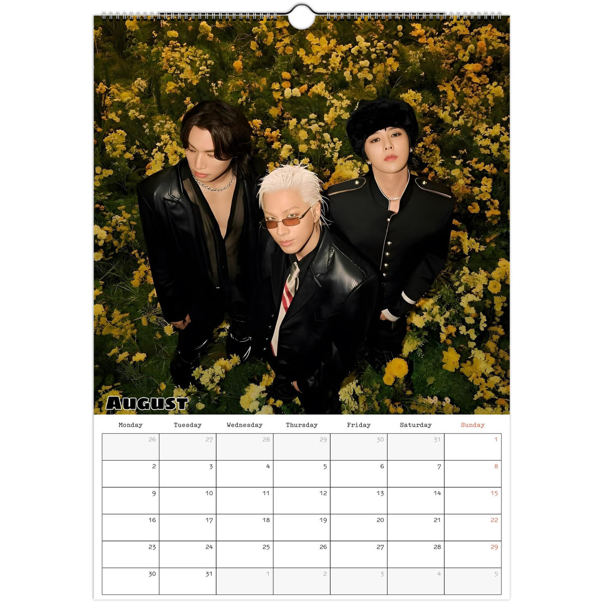 August 2027 page in BIGBANG A3 wall calendar