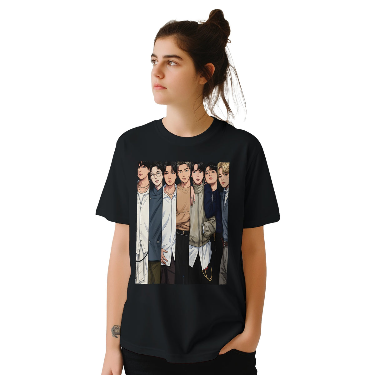 Graphic T‑shirt showing seven stylised characters