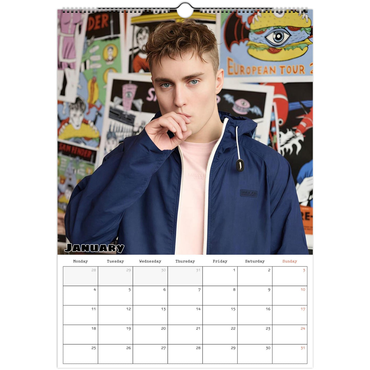January 2027 page in Sam Fender A3 wall calendar
