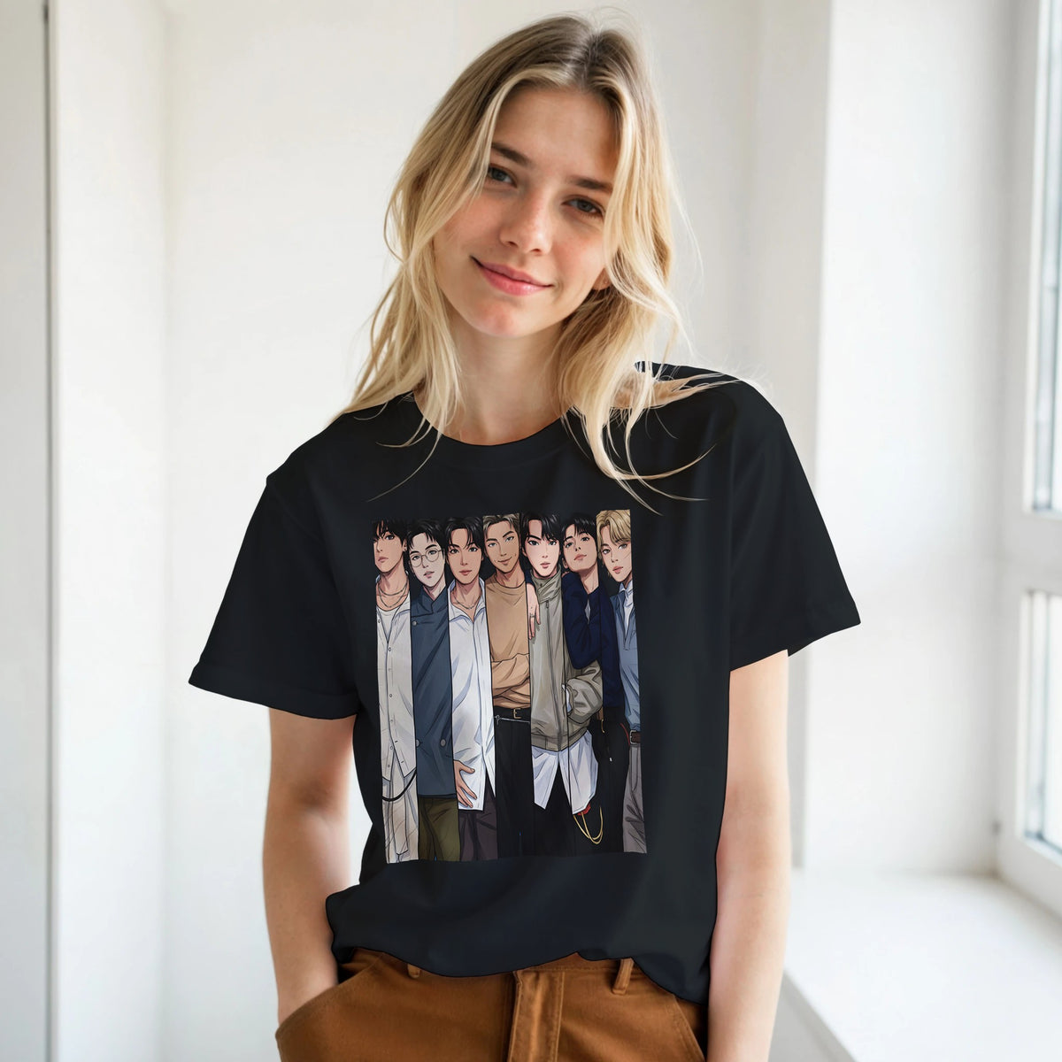 Black tee with colourful BTS seven‑member front print
