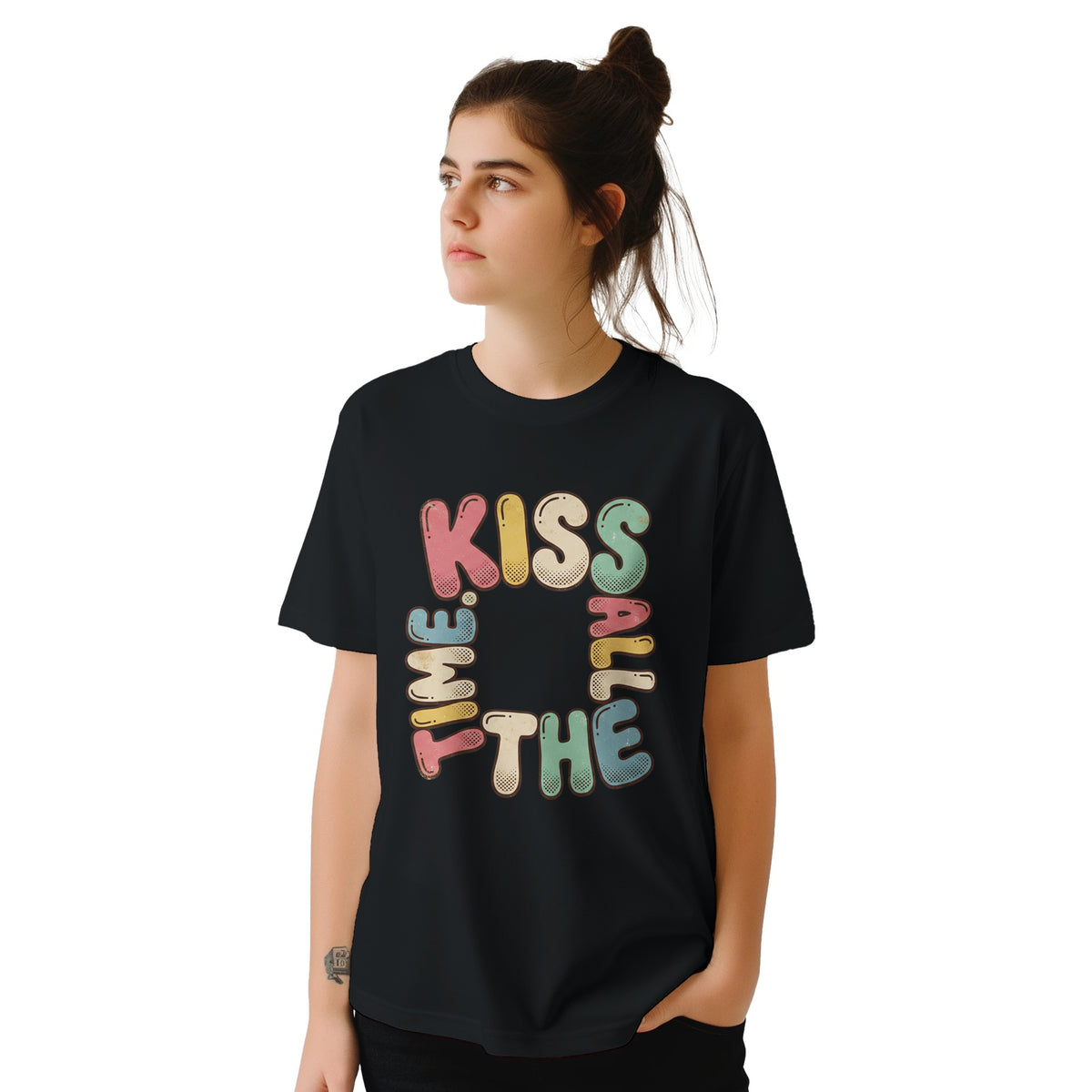Black unisex tee with bubble lettering
