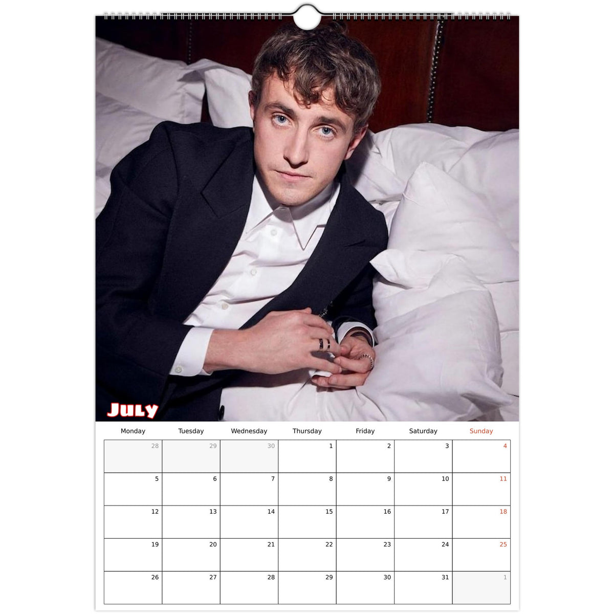 July 2027 page in Paul Mescal A3 wall calendar