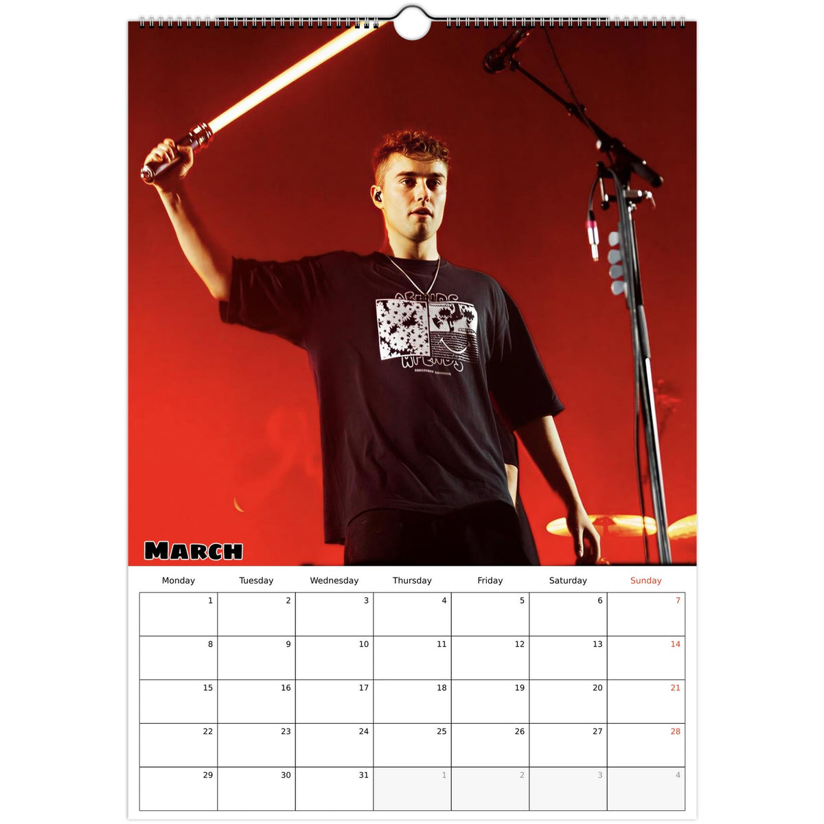 March 2027 page in Sam Fender A3 wall calendar