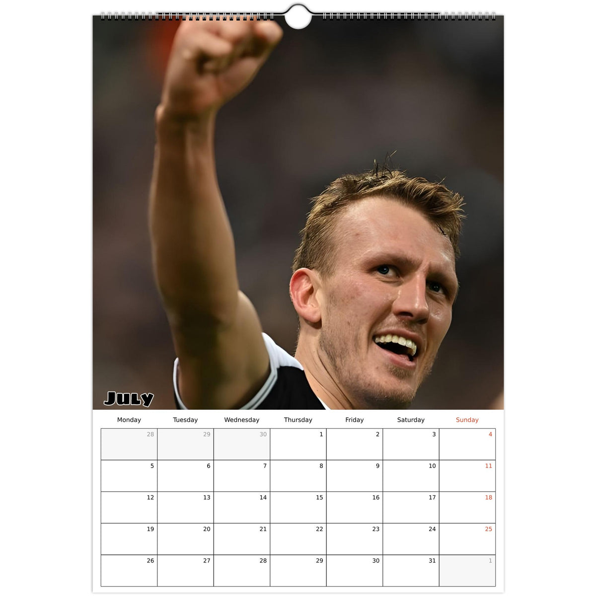 July 2027 page in Newcastle United FC A3 wall calendar