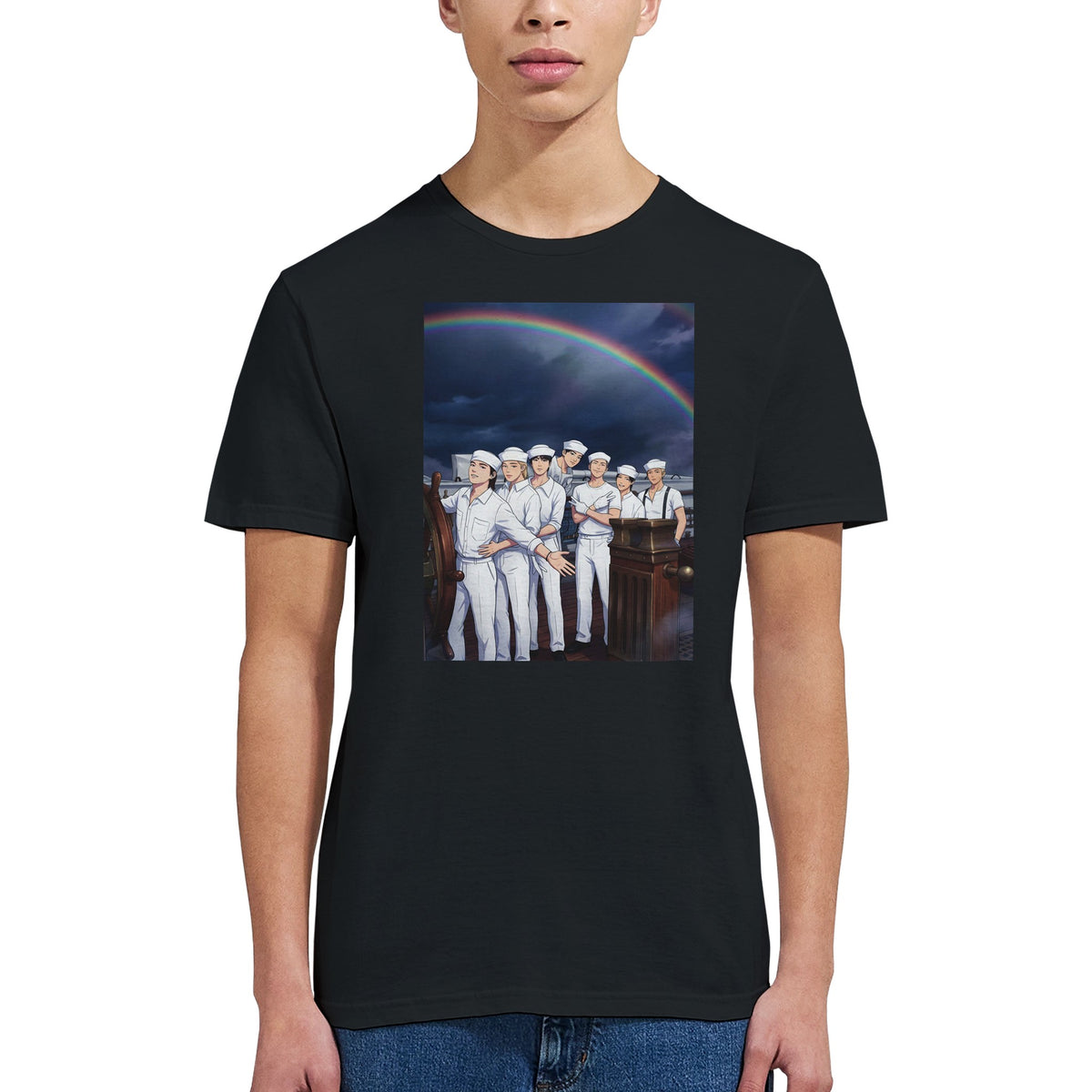 Black BTS graphic tee with Swim‑inspired design and back print