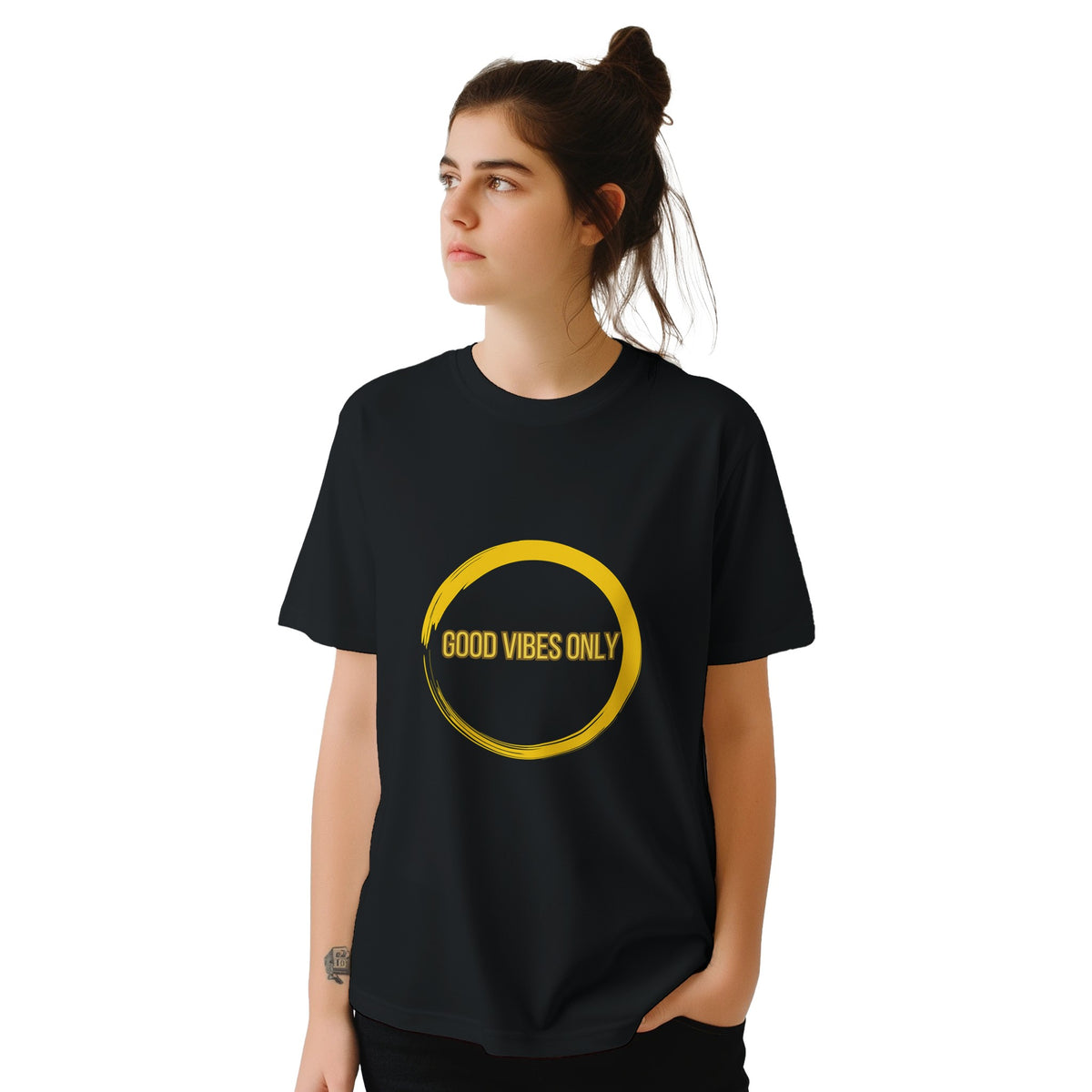Motivational T‑shirt featuring bold Good Vibes typography