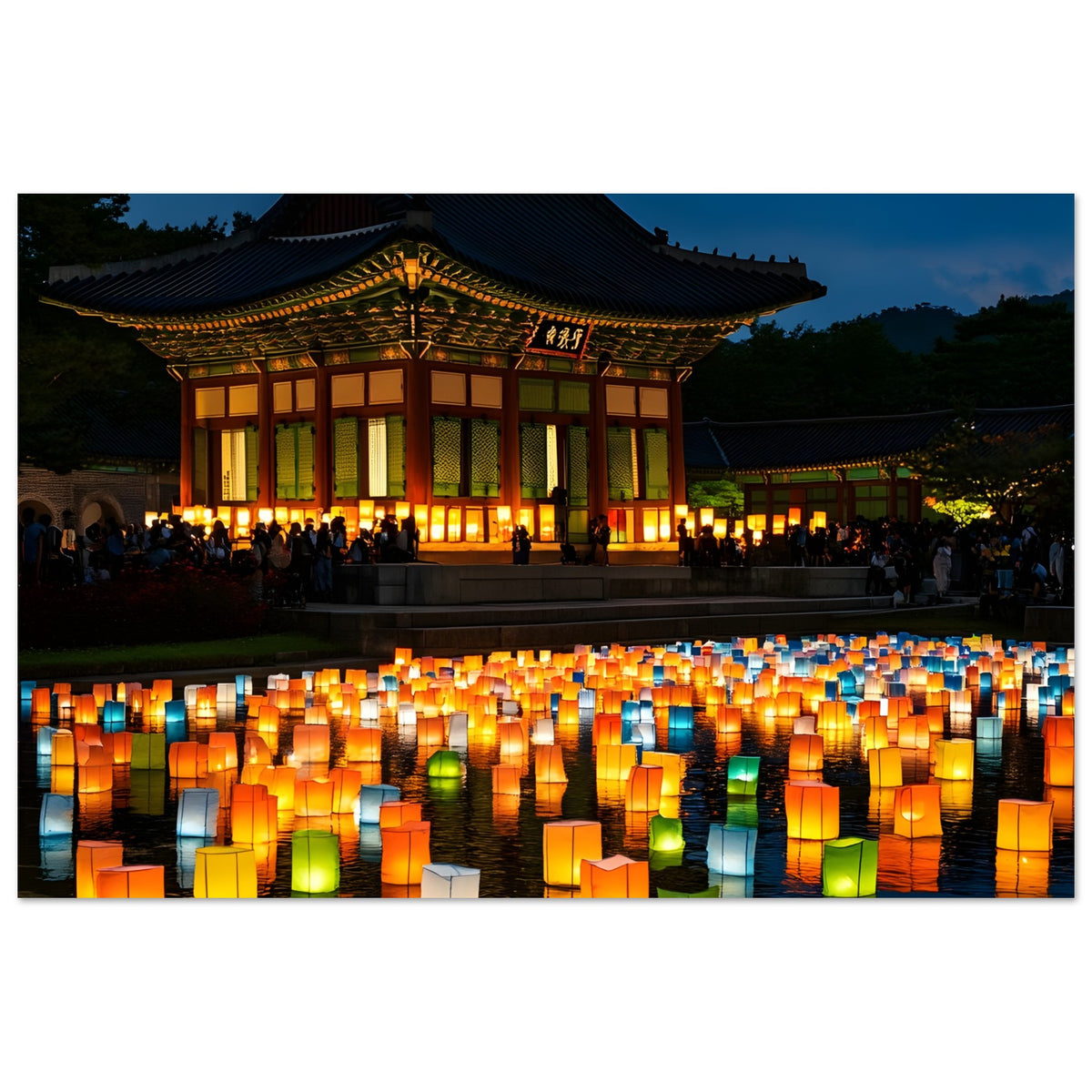 Korean lantern wall art with illuminated sky lanterns
