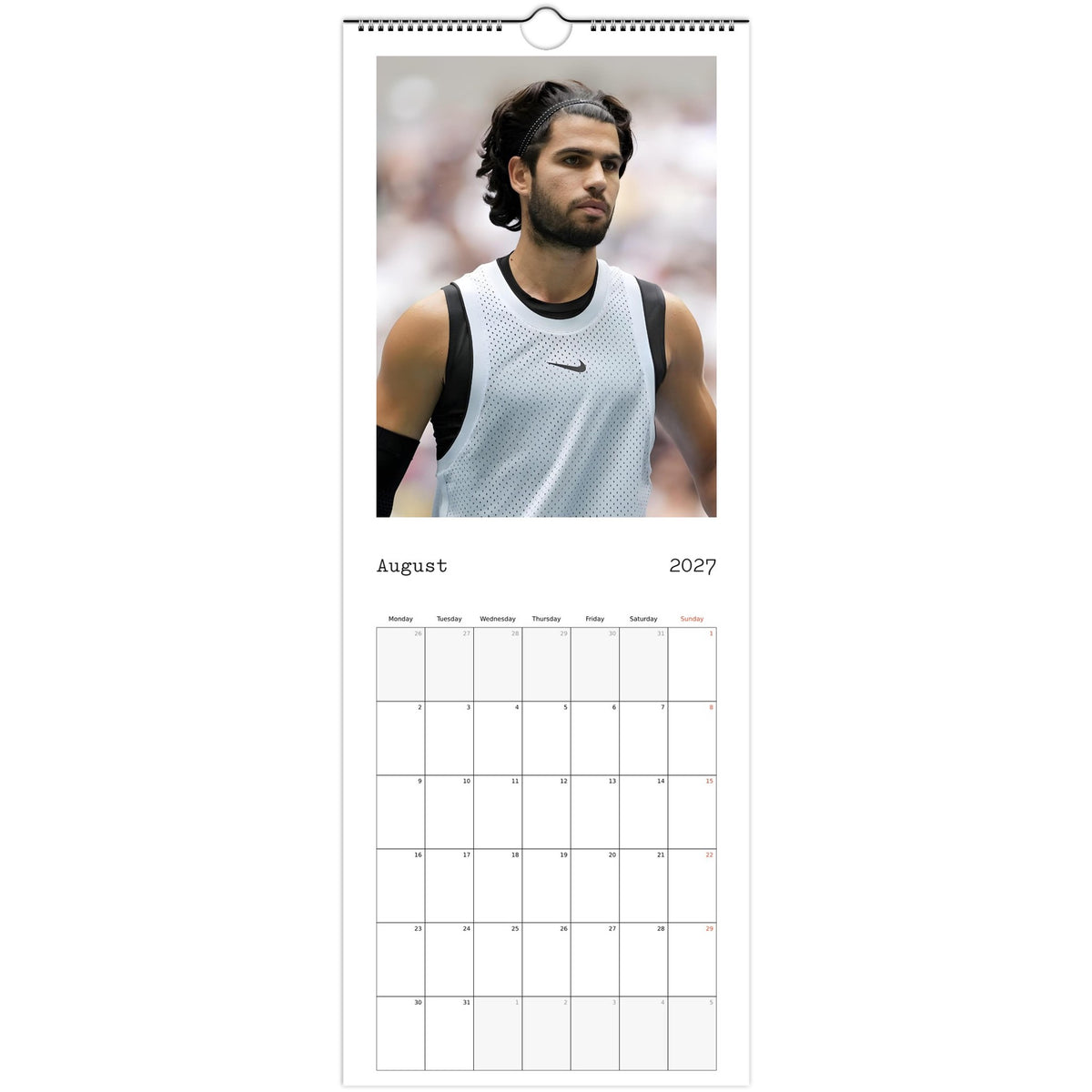 August 2027 page in Carlos Alcaraz slim wall calendar