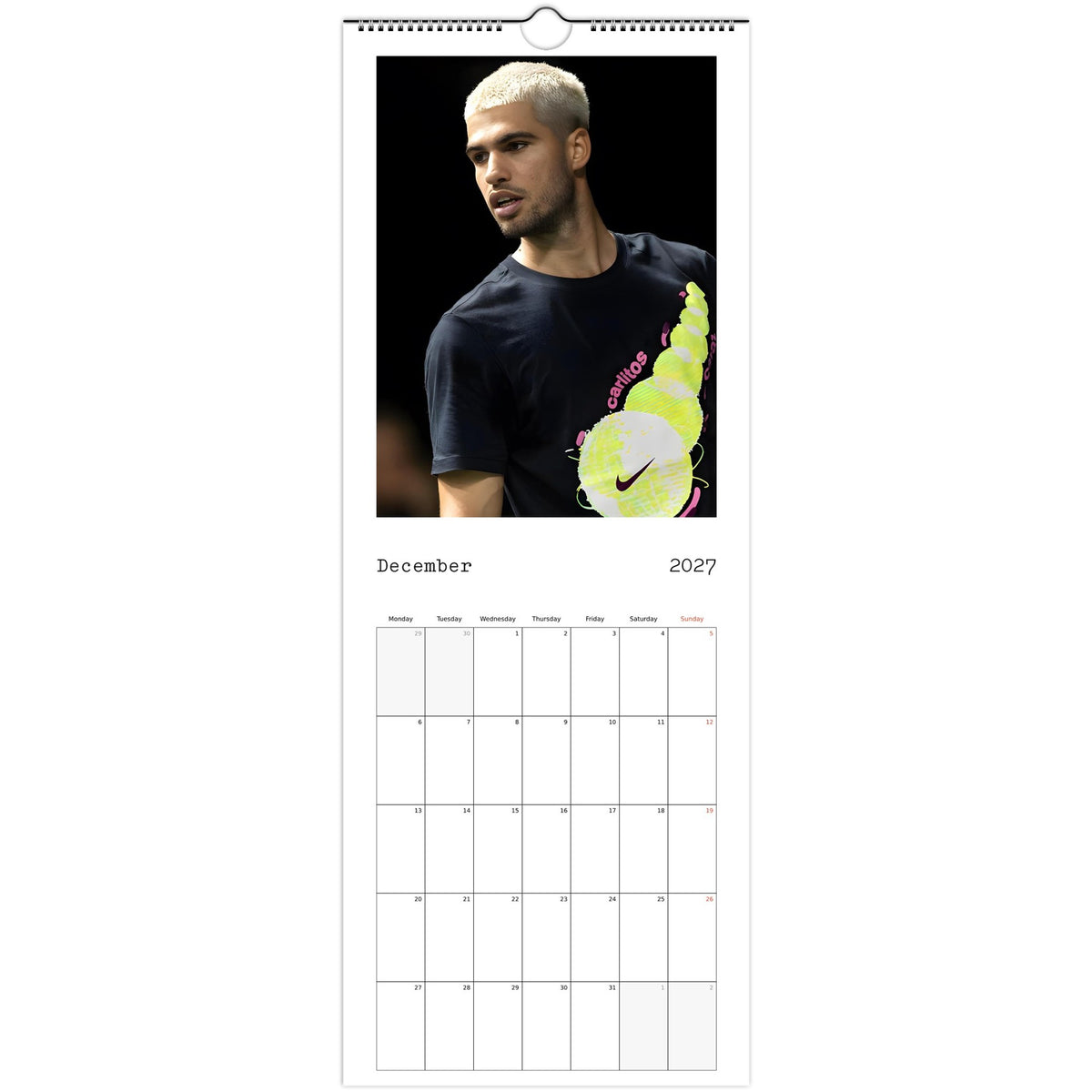 December 2027 page in Carlos Alcaraz slim wall calendar