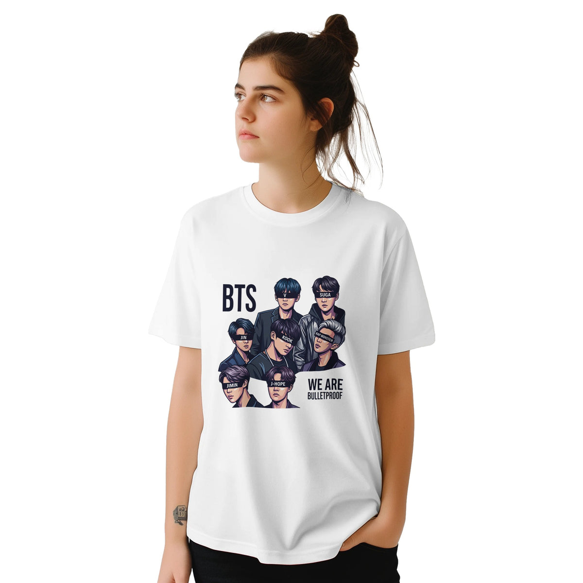White BTS unisex shirt with front Bulletproof design