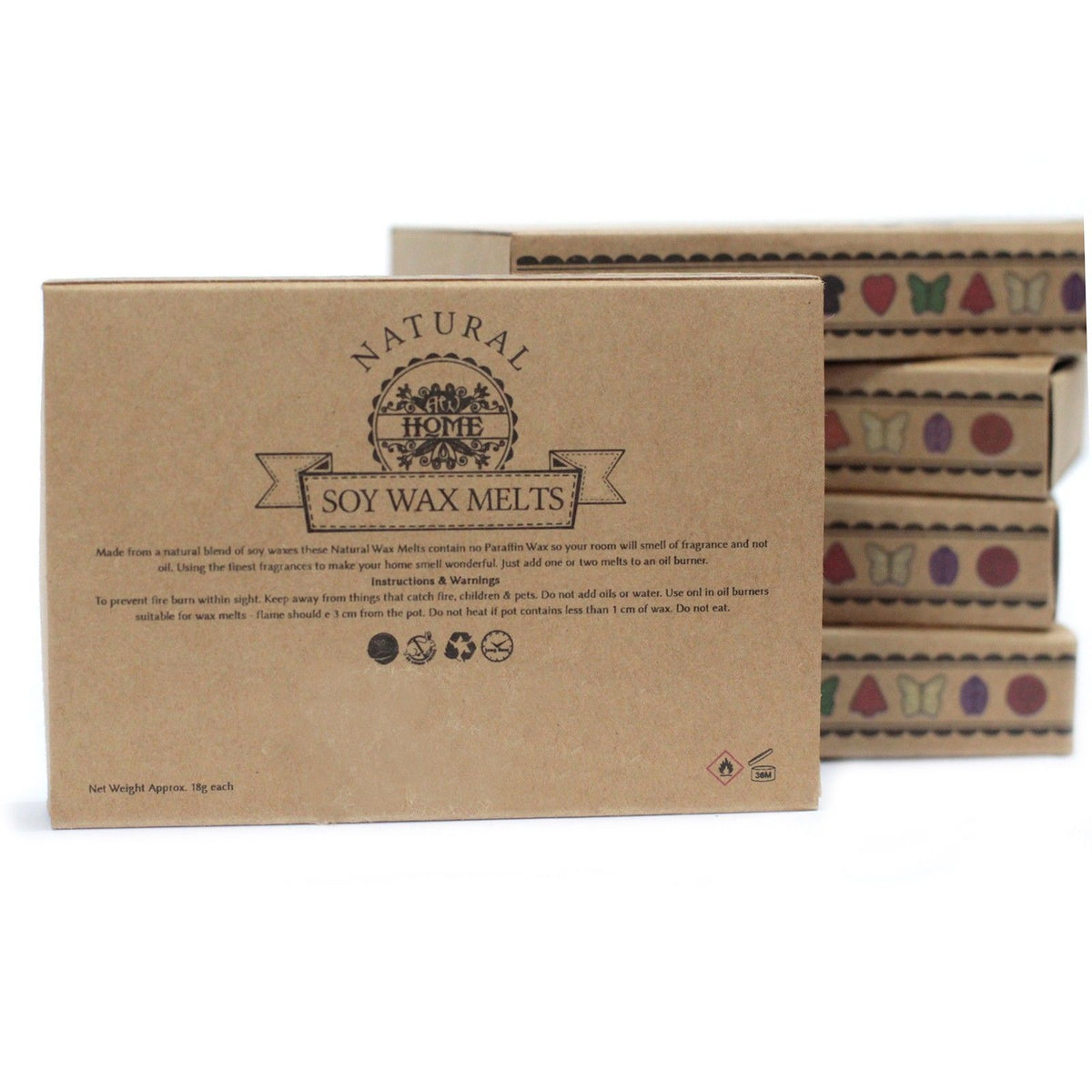 Box of Natural Home Soy Wax Melts with packaging details on a white background