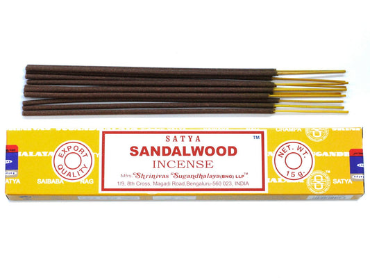 Satya Sandalwood incense sticks 15g box, hand‑rolled in India