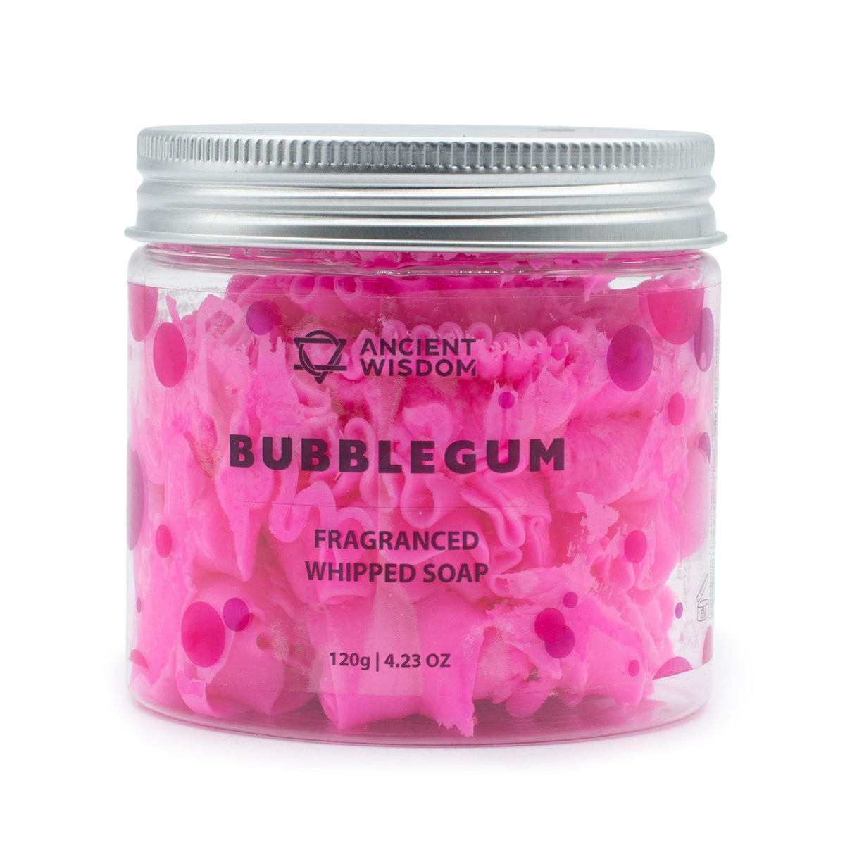 Jar of bubblegum-scented whipped soap with 'Ancient Wisdom' branding on a white background