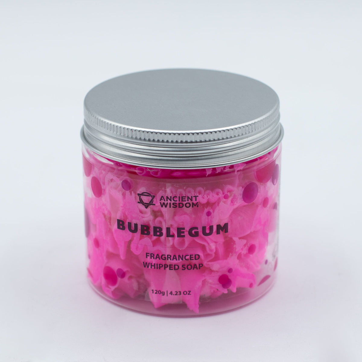 Jar of bubblegum-scented whipped soap with a silver lid on a white background