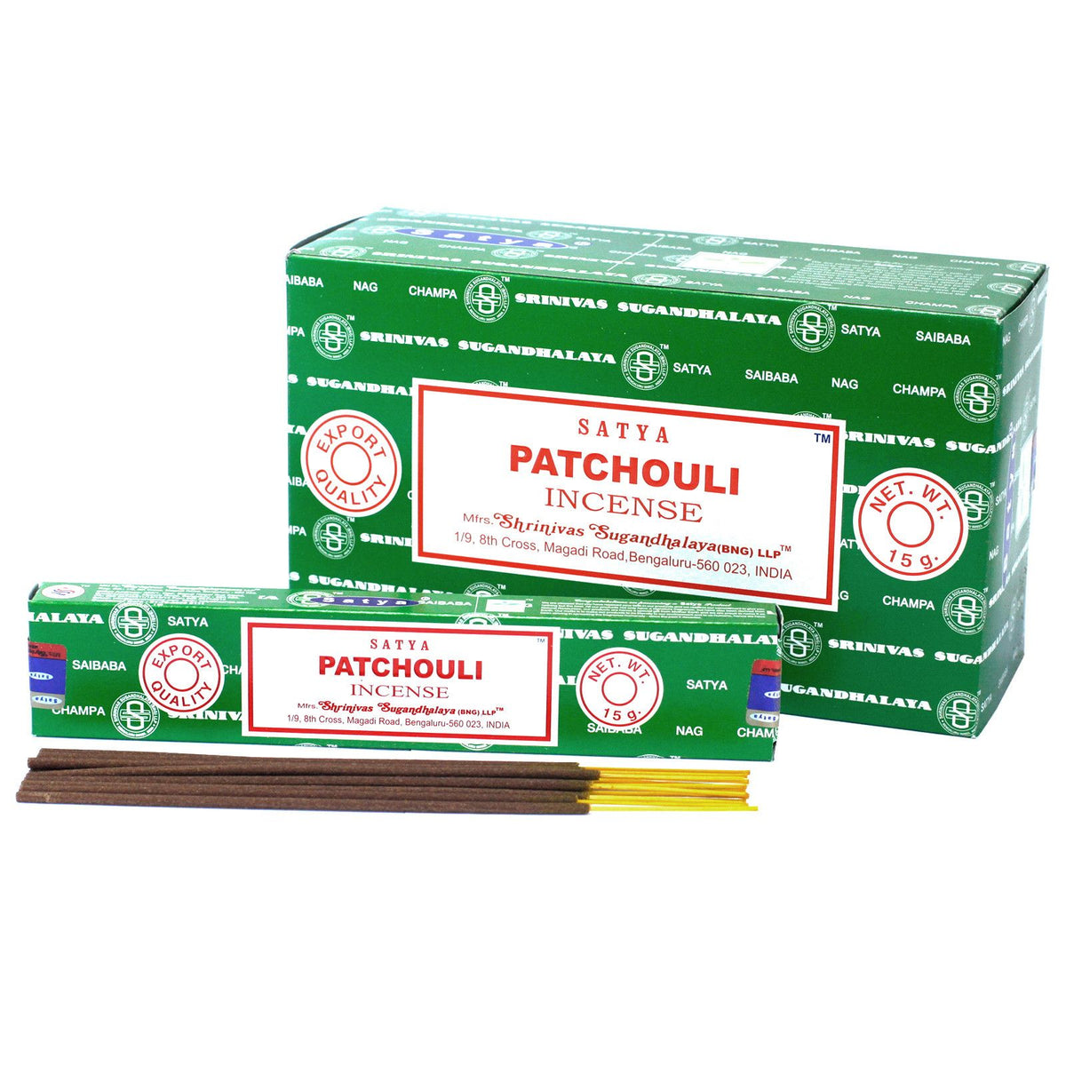Hand‑rolled Satya Patchouli incense with earthy aromatic fragrance