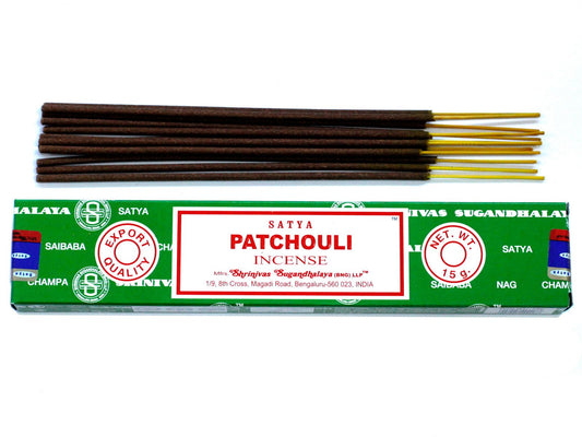 Satya Patchouli incense sticks 15g box, hand‑rolled in India