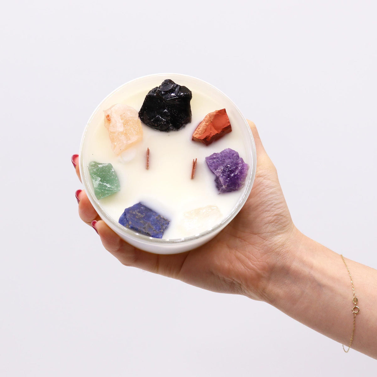 Moon Beams scented chakra candle with colourful crystal toppings
