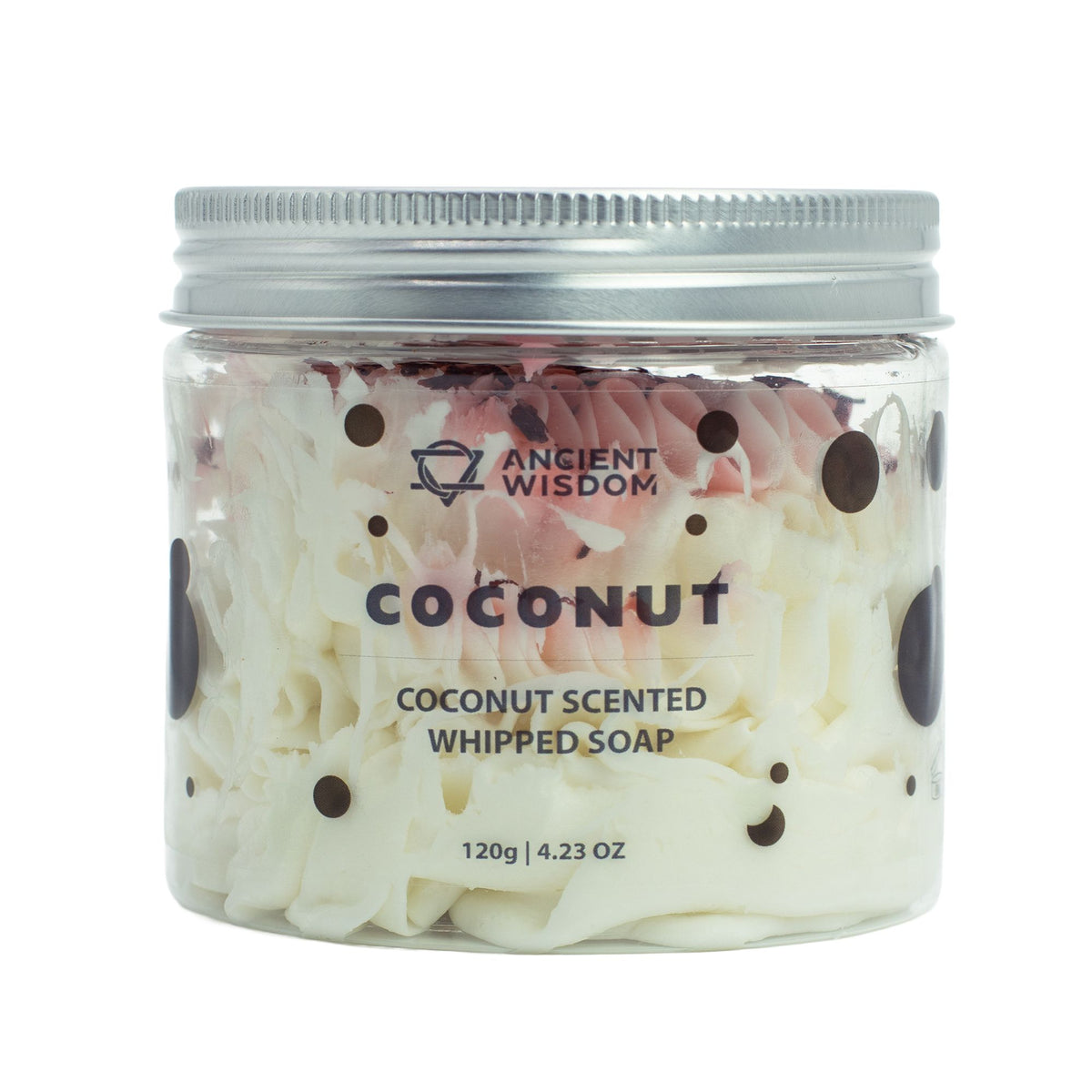 Jar of coconut scented whipped soap with 'Ancient Wisdom' branding on a white background