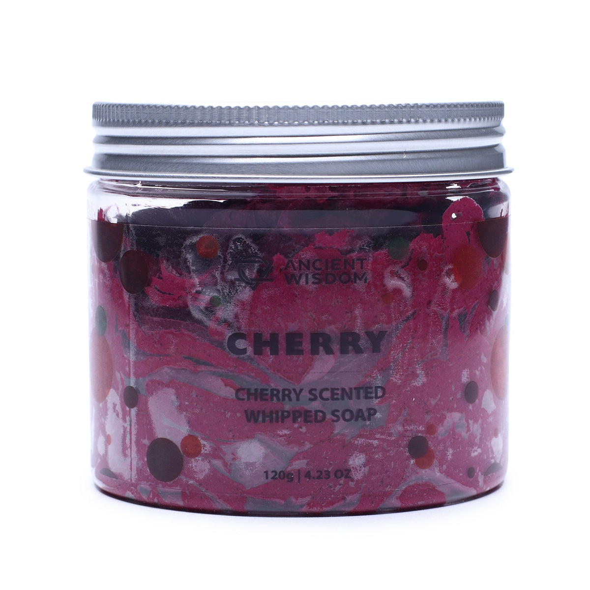 Jar of cherry scented whipped soap with a colourful label on a white background