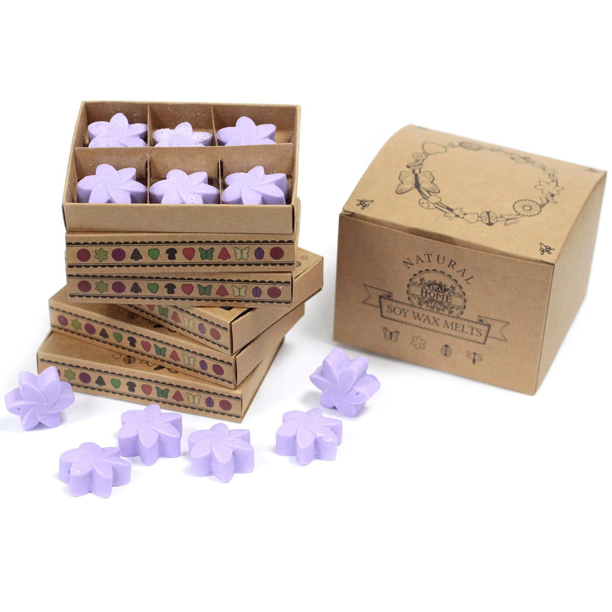 Box of six Lavender Fields soy wax melts in matchbox packaging