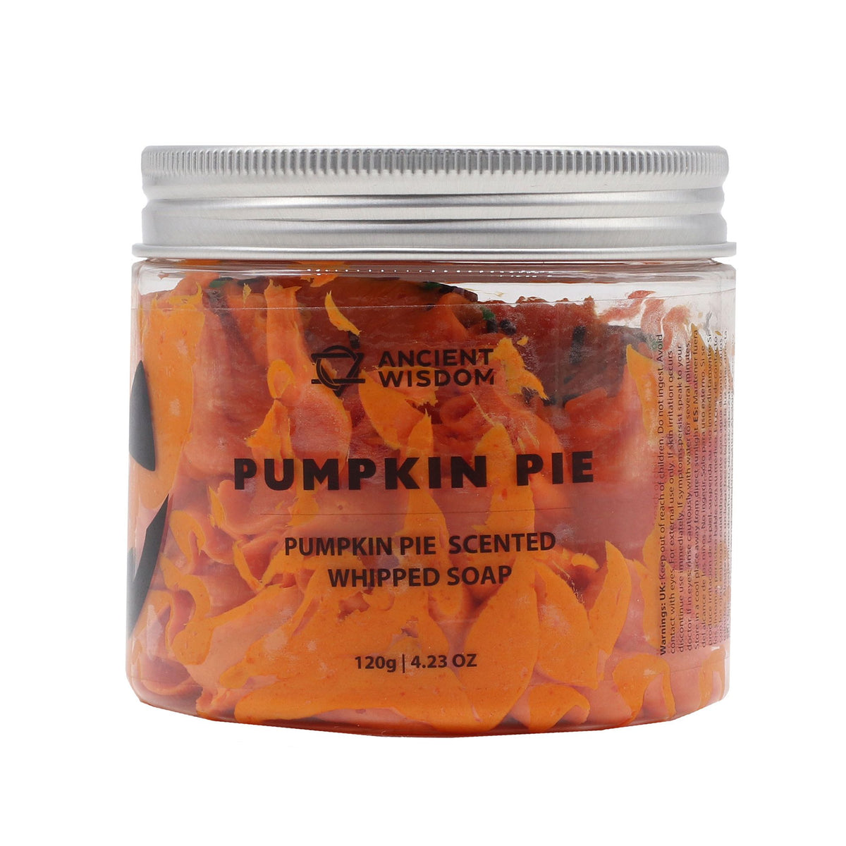 Jar of pumpkin pie scented whipped soap with 'Ancient Wisdom' branding on a white background