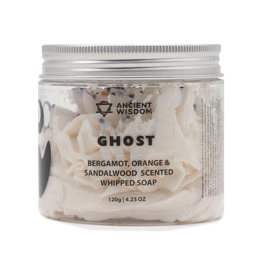 Jar of 'Ghost' whipped soap with 'Ancient Wisdom' branding on a white background