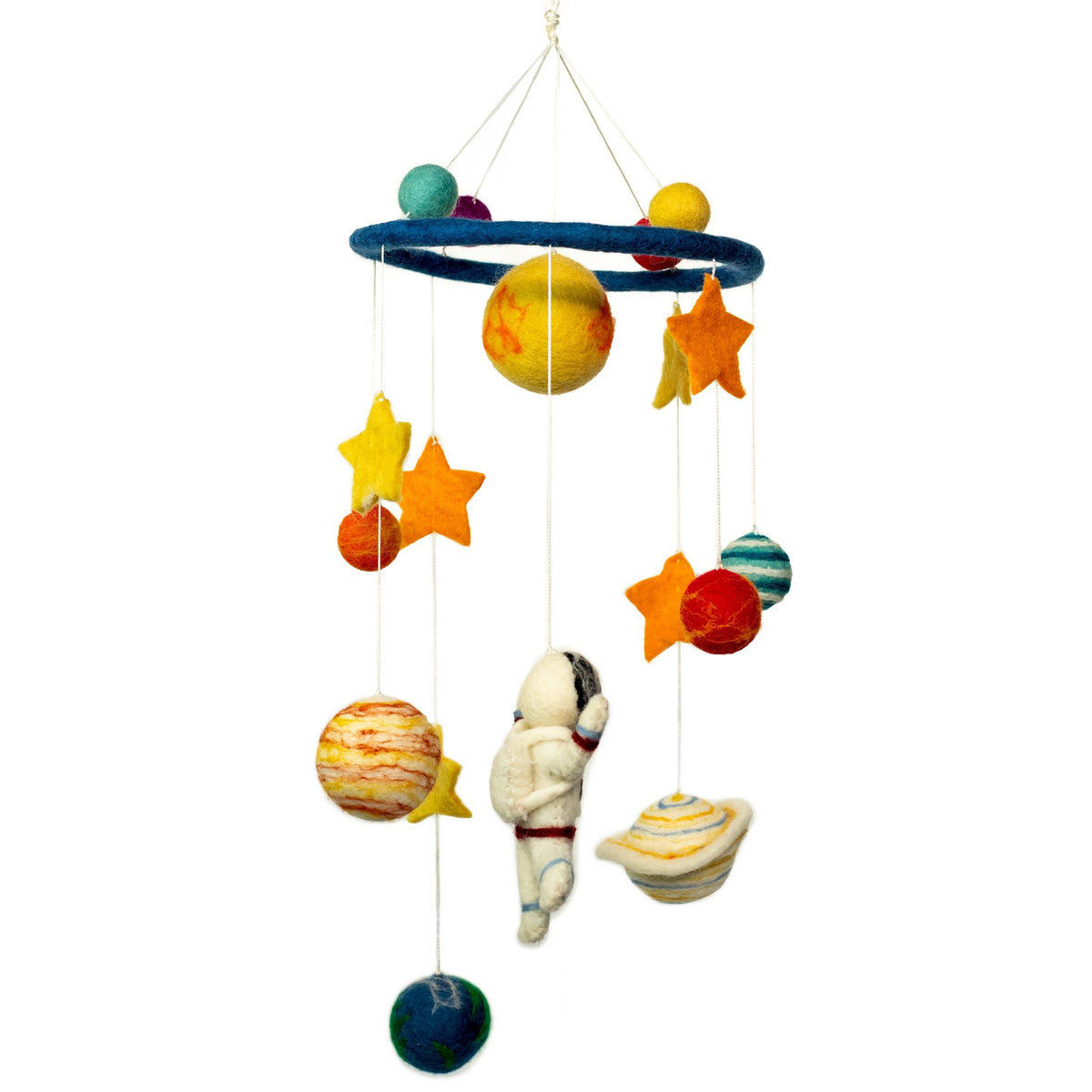 Colorful toy solar system mobile with planets, stars, and an astronaut on a white background