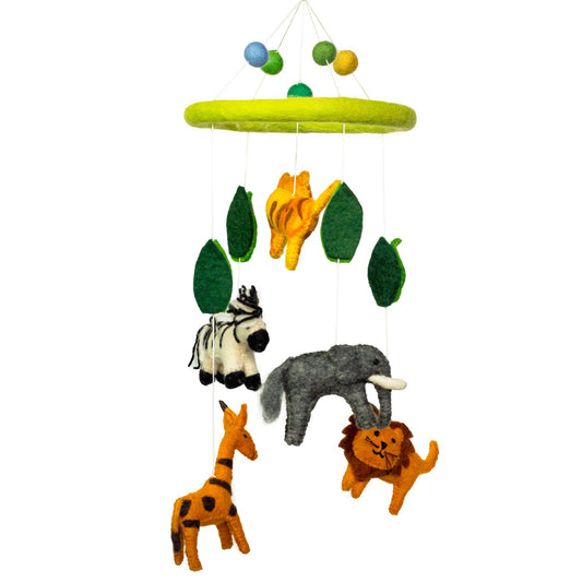 Children's mobile with animal figures on a white background