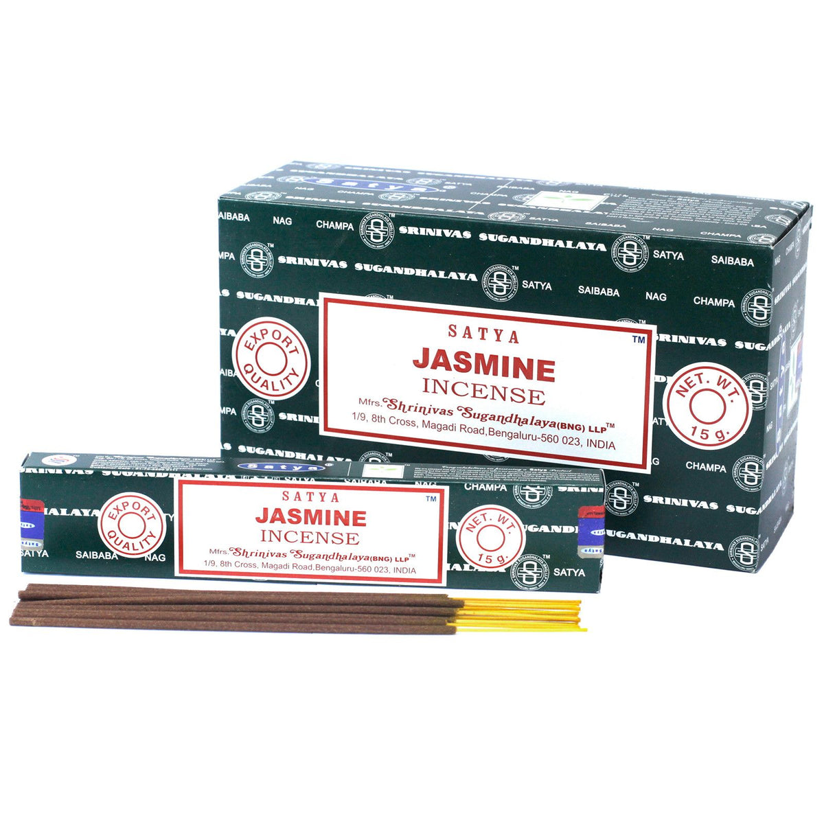 Satya Jasmine incense packaging with incense sticks on a white background