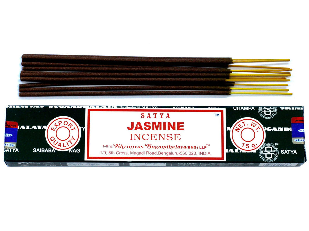 Box of Satya Jasmine incense sticks on a white background