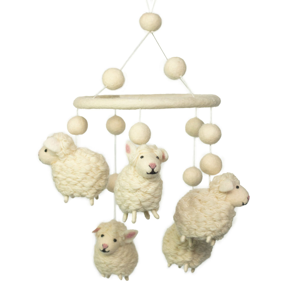Decorative mobile with sheep and wooden beads on a white background