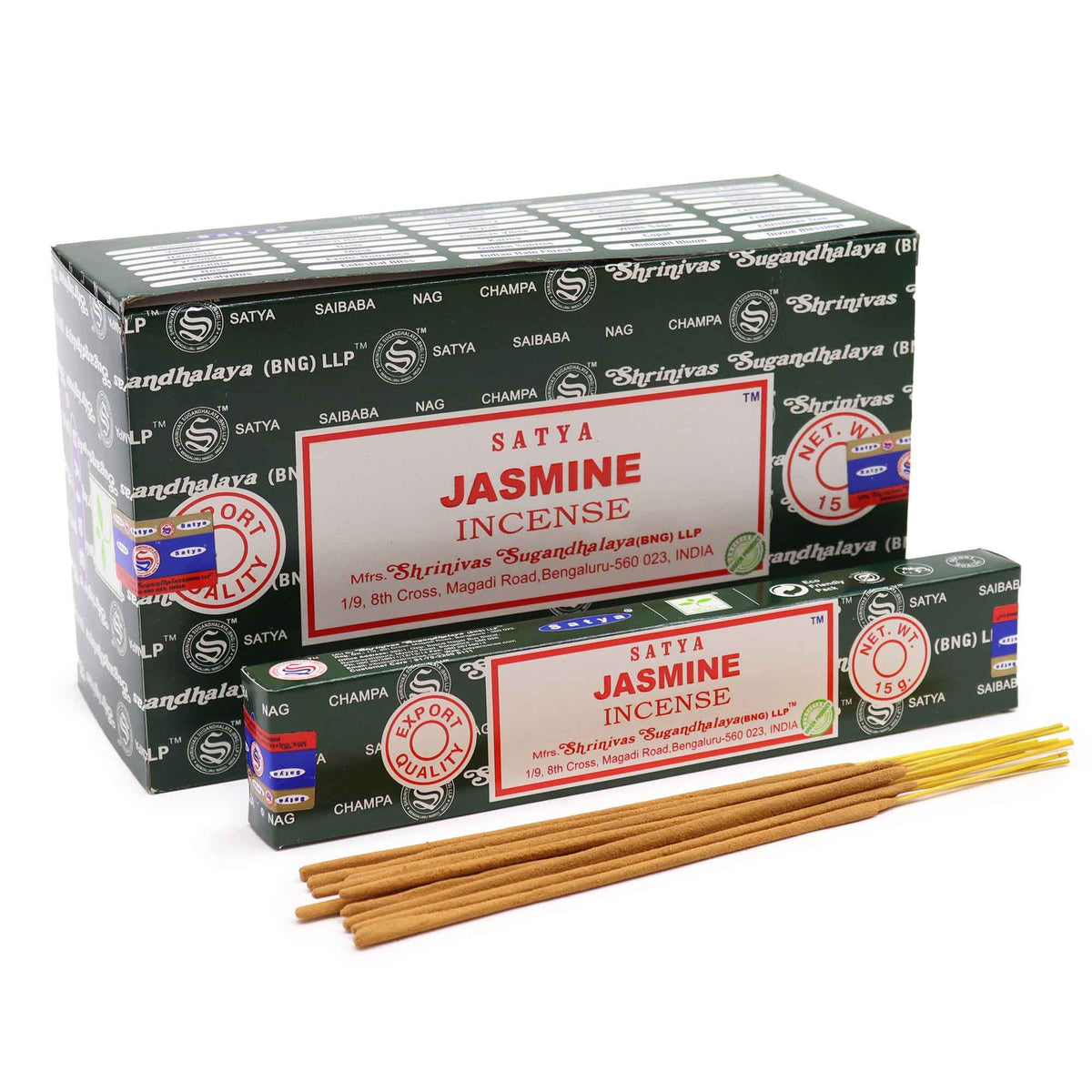 Box of Satya Jasmine Incense with incense sticks on a white background