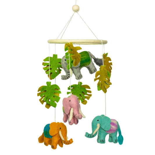 Plush elephant mobile with colorful elephants and green leaves on a white background
