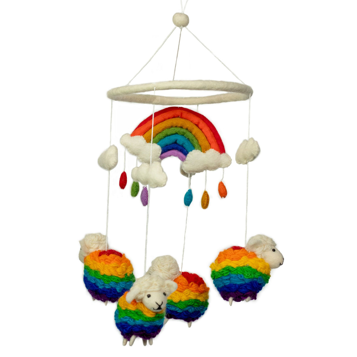 Children's mobile with rainbow sheep and cloud design on a white background