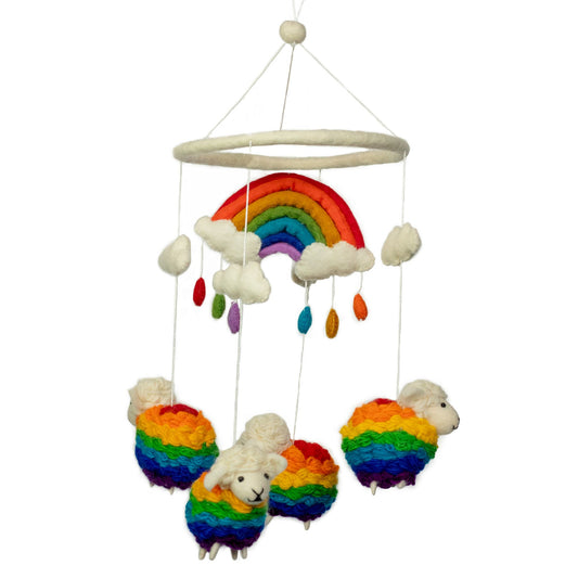 Children's mobile with rainbow sheep and cloud design on a white background
