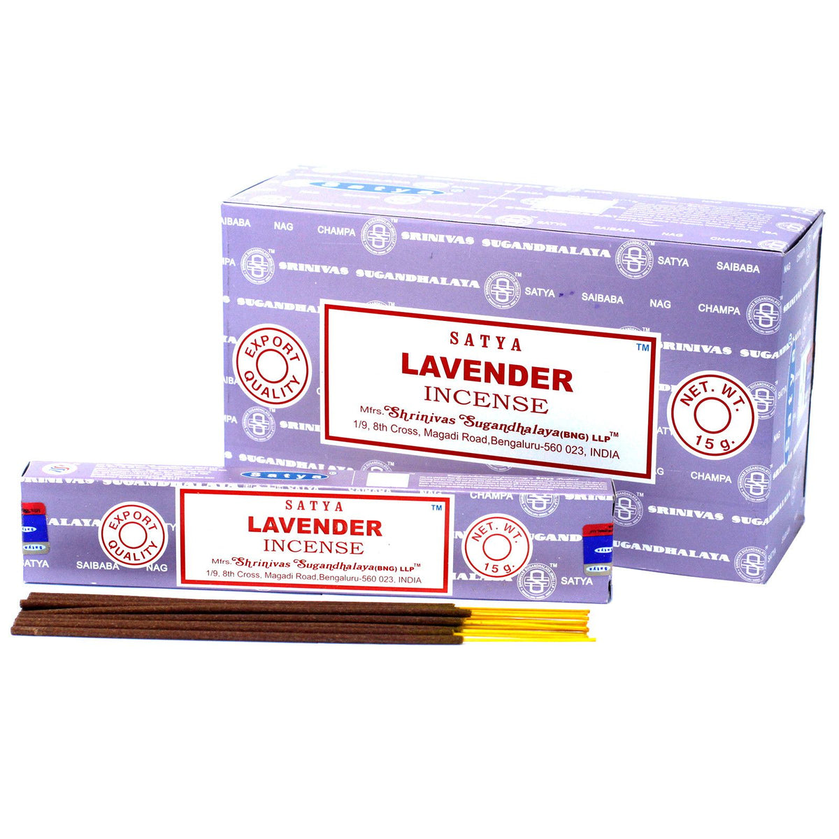 Hand‑rolled Satya Lavender incense sticks with purple packaging
