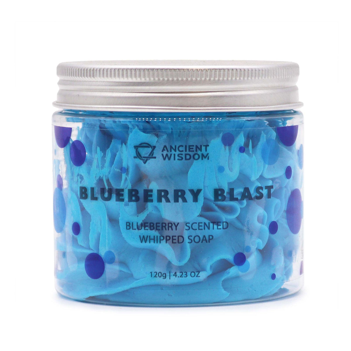 Jar of blueberry scented whipped soap with 'Ancient Wisdom' branding on a white background