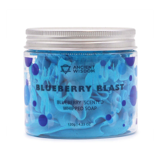 Jar of blueberry scented whipped soap with 'Ancient Wisdom' branding on a white background