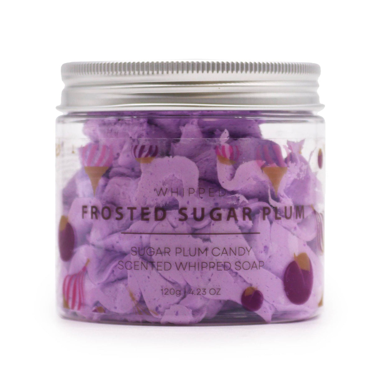 Jar of Frosted Sugar Plum scented whipped soap with decorative packaging on a white background