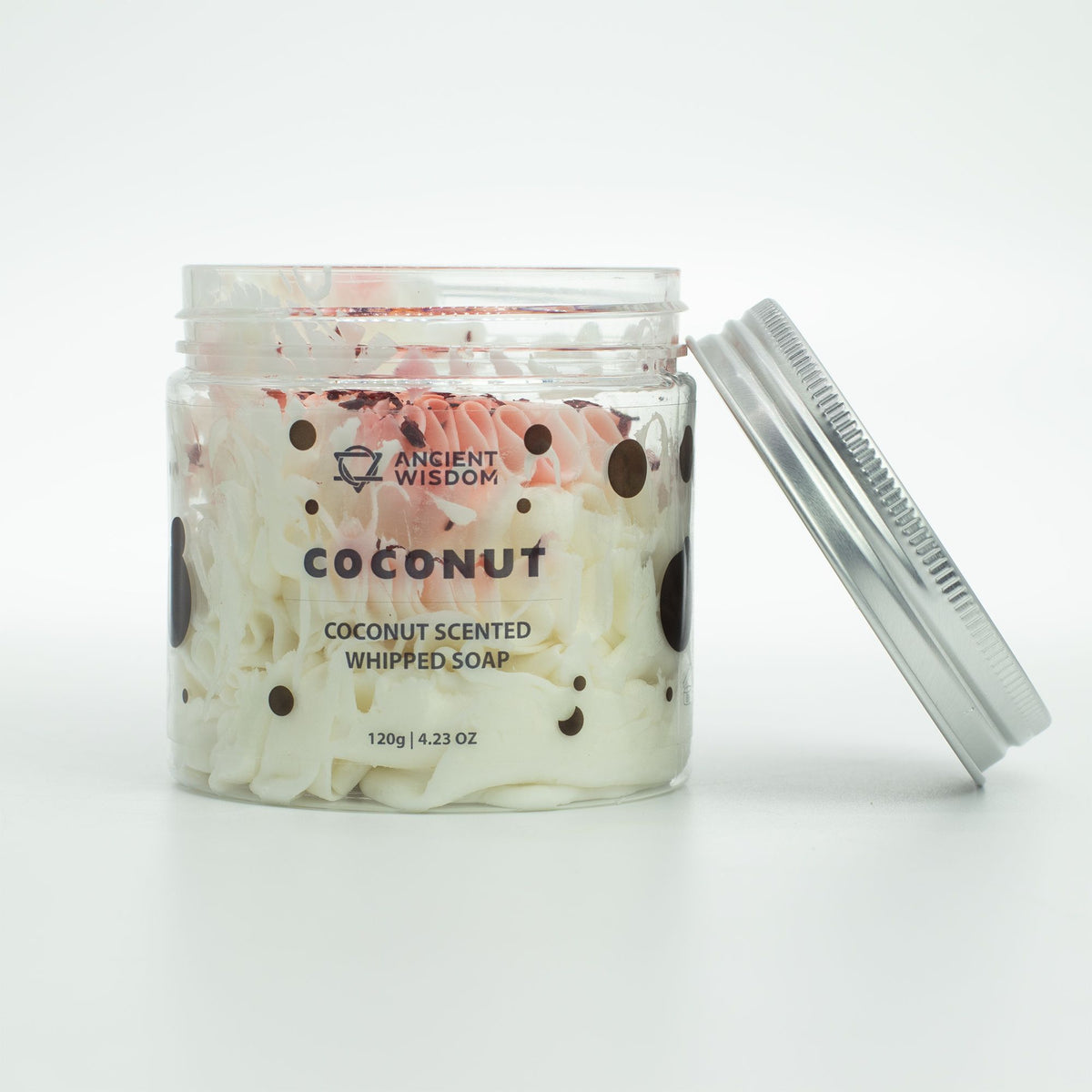 Jar of coconut scented whipped soap with a white background