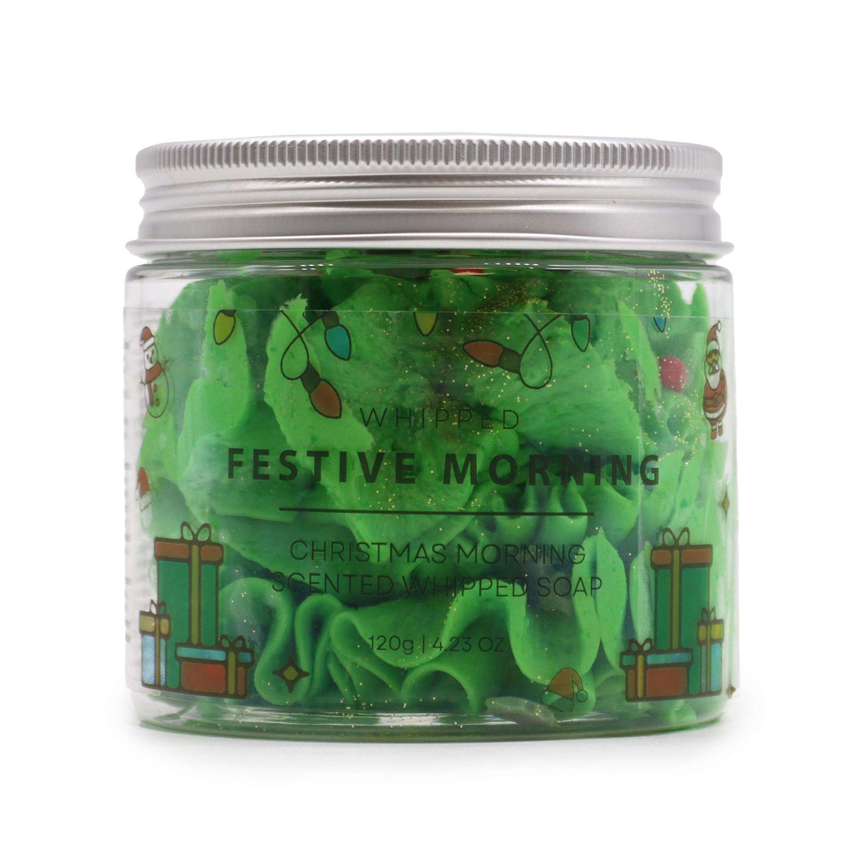 Jar of green whipped soap with festive design on a white background