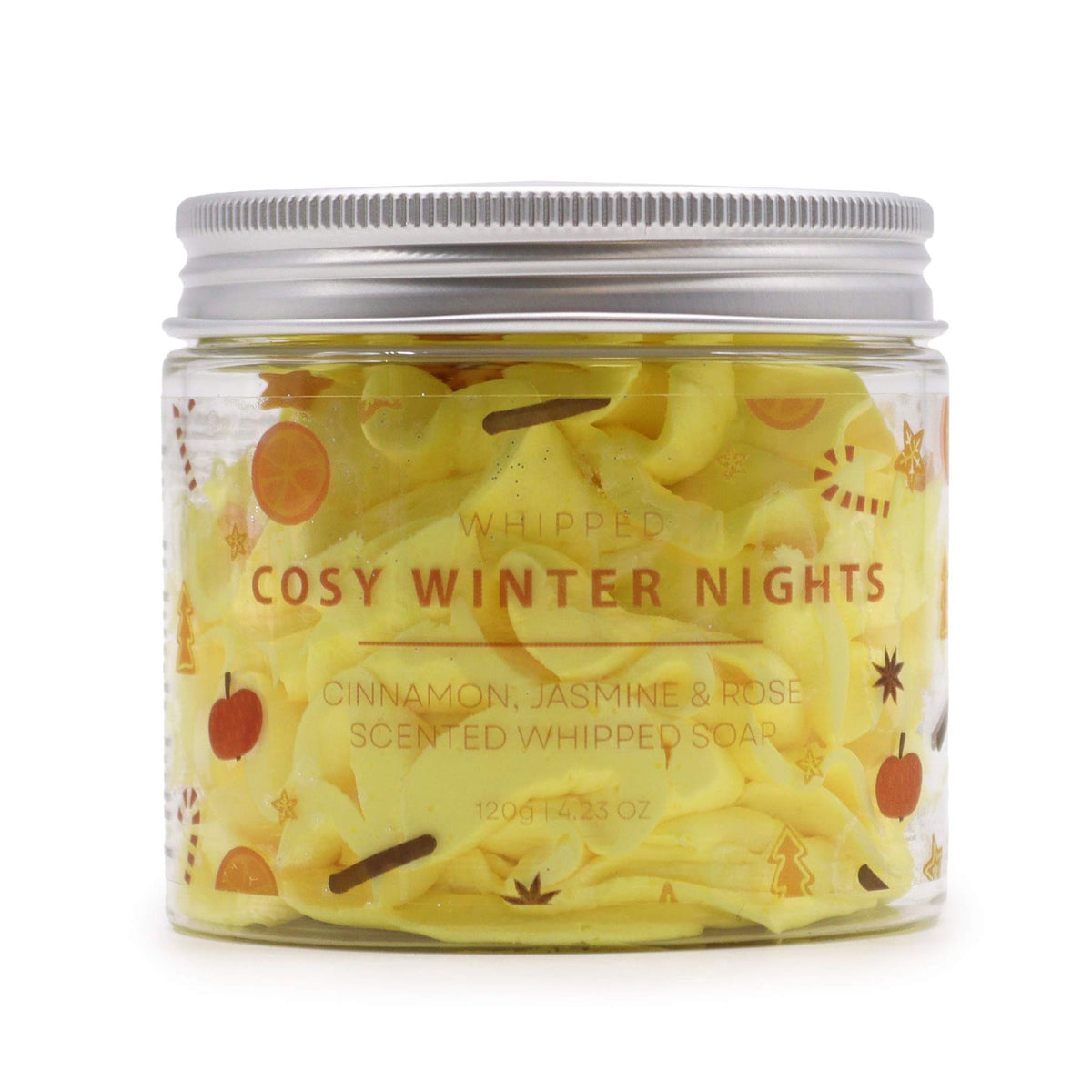 Jar of 'Whipped Cosy Winter Nights' scented whipped soap with a white background