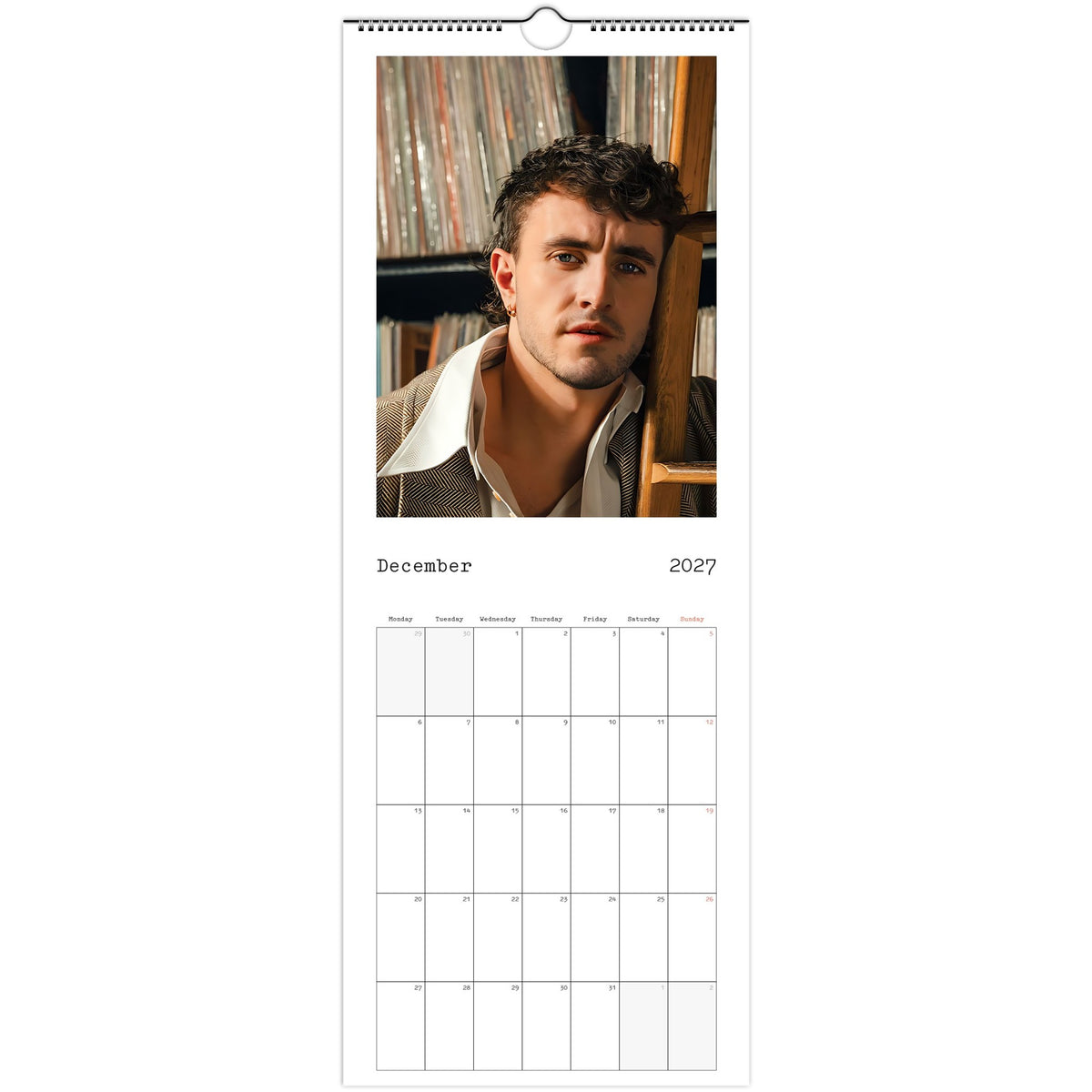 December 2027 page in Paul Mescal slim wall calendar